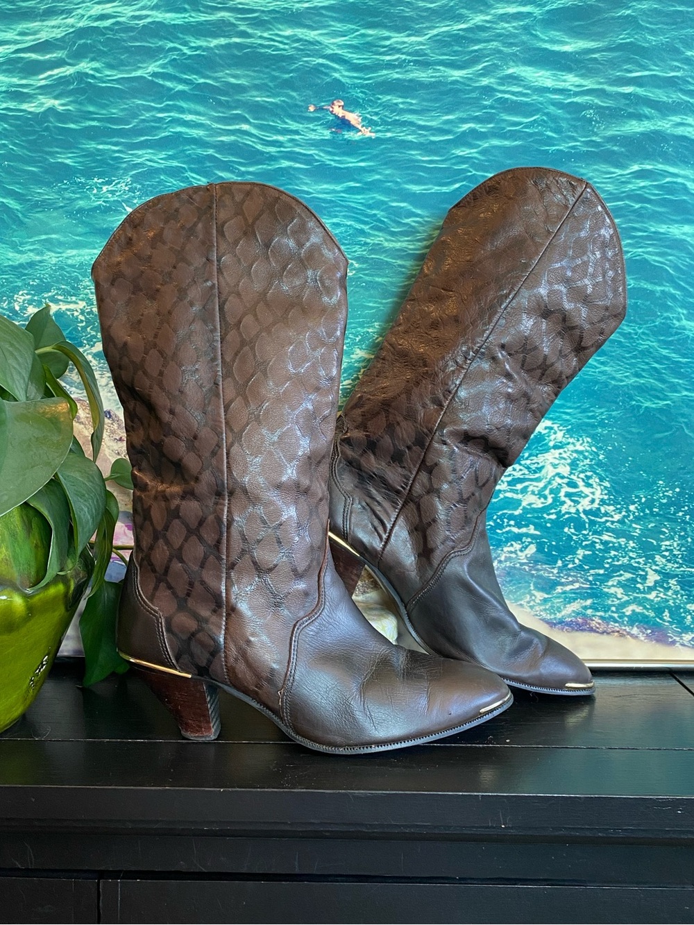 Vintage ACME Dark Brown Leather Snakeskin print Mid-Calf Heeled Boots, Size 8.5